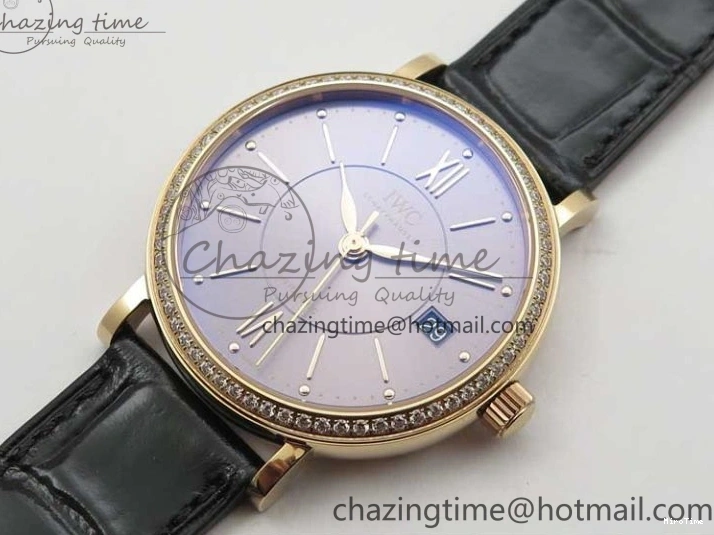 MIROTIME 1228 Durable Portofino 37mm RG V7F 1:1 Best Edition Gray Dial Diamonds Bezel on Black Leather Strap A 7089